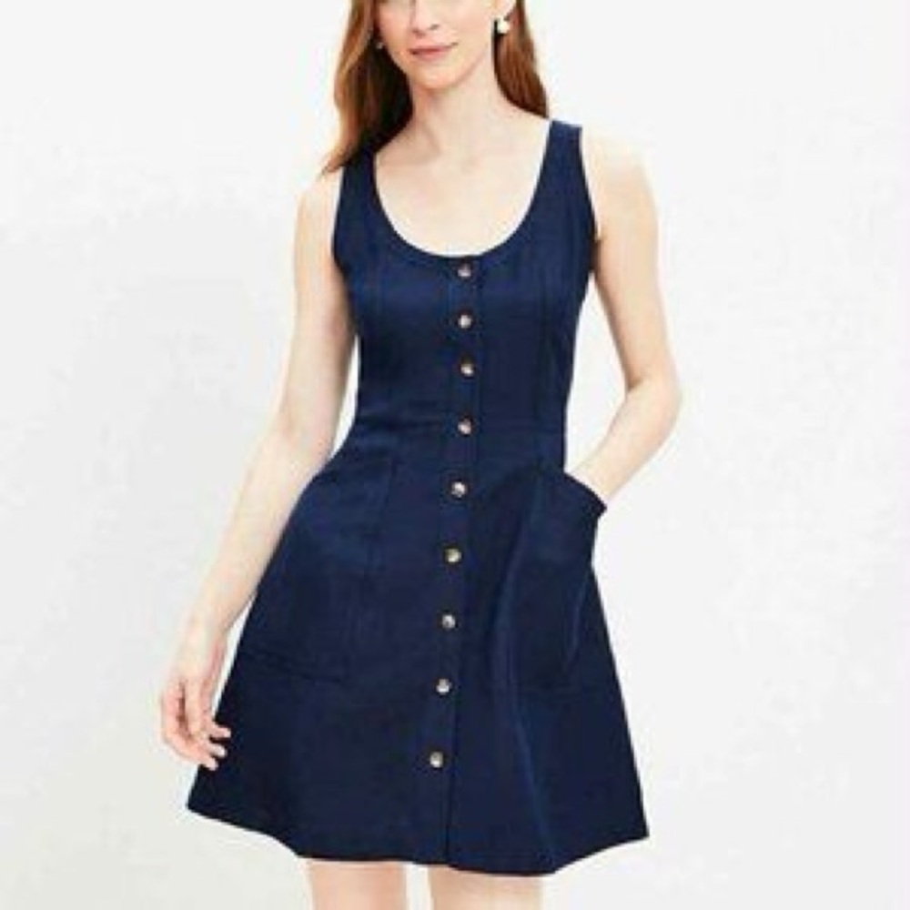LOFT Navy Button-Front Sleeveless Mini Dress with Pockets